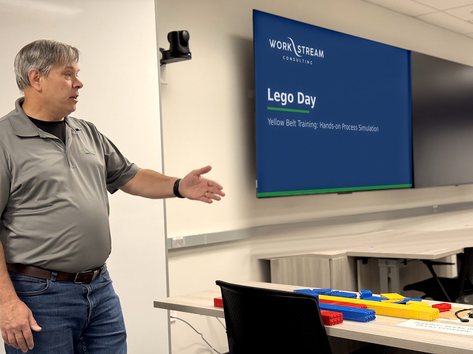 Doug Bruce leading a Lego Day process simulation during Yellow Belt training